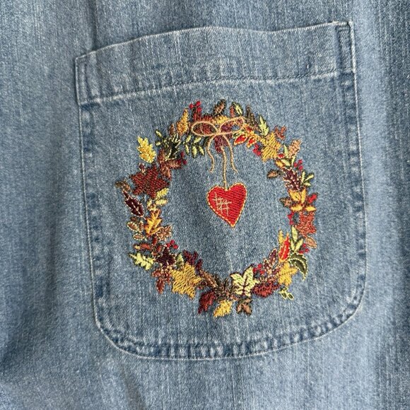 Vtg Christopher & Banks Embroidered Fall Leaves Denim Maxi Dress Autumn Folk - Picture 4 of 7